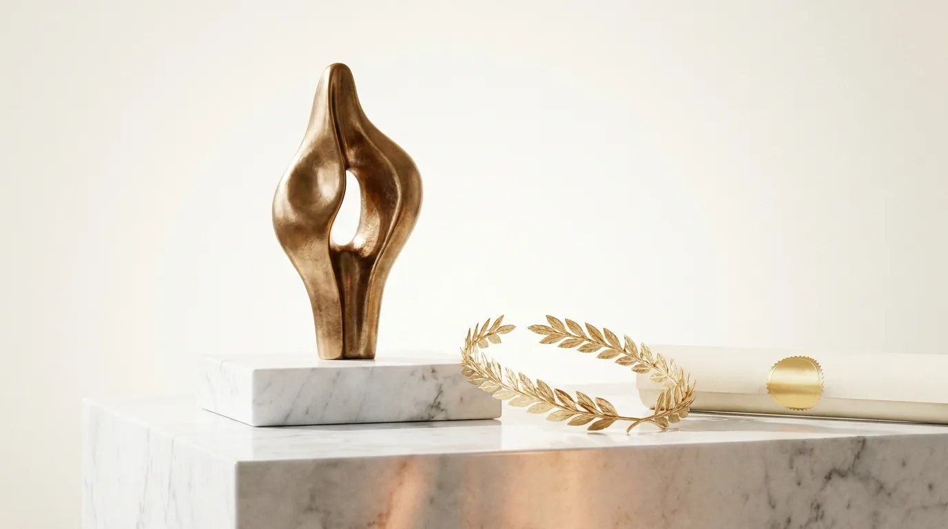 Awards Trophy | HE Sector Awards A bronze sculpture and golden laurel wreath represent recognition for higher education excellence.