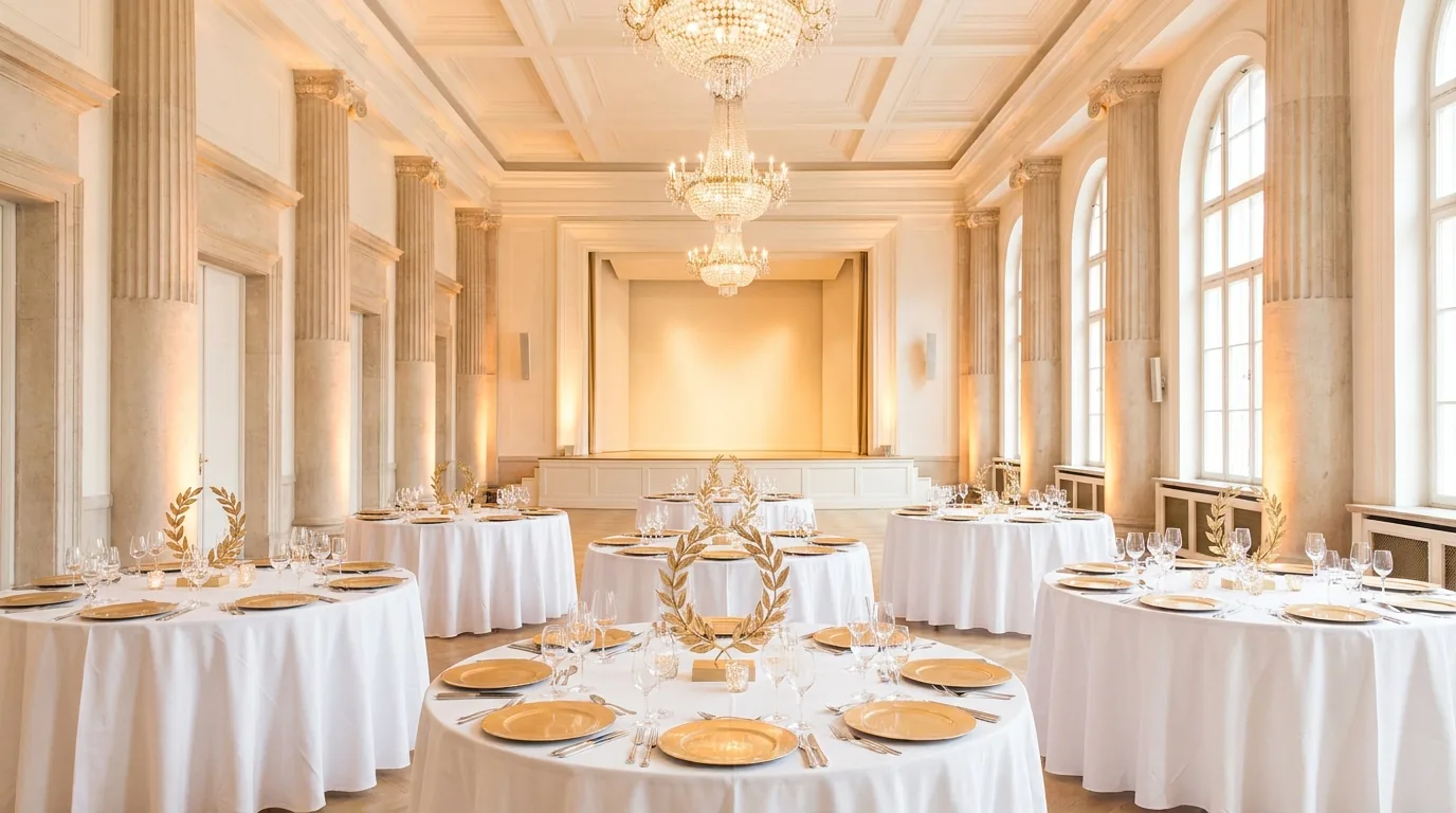 Gala Dinner | HE Sector Awards An elegant banquet hall is set up for a formal higher education awards gala dinner.