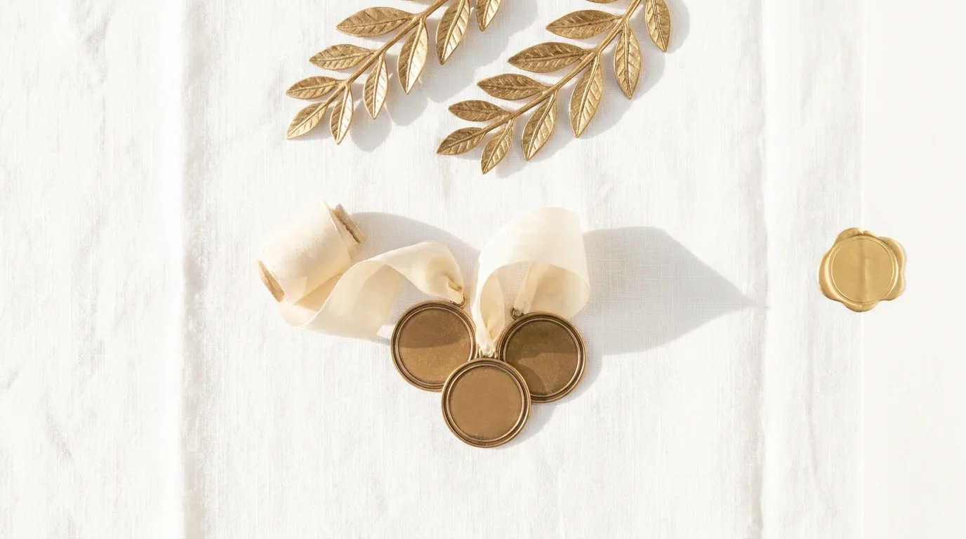 Golden Laurel | HE Sector Awards Gold wax seals, ribbon and leafy branches create a decorative arrangement for higher education awards.