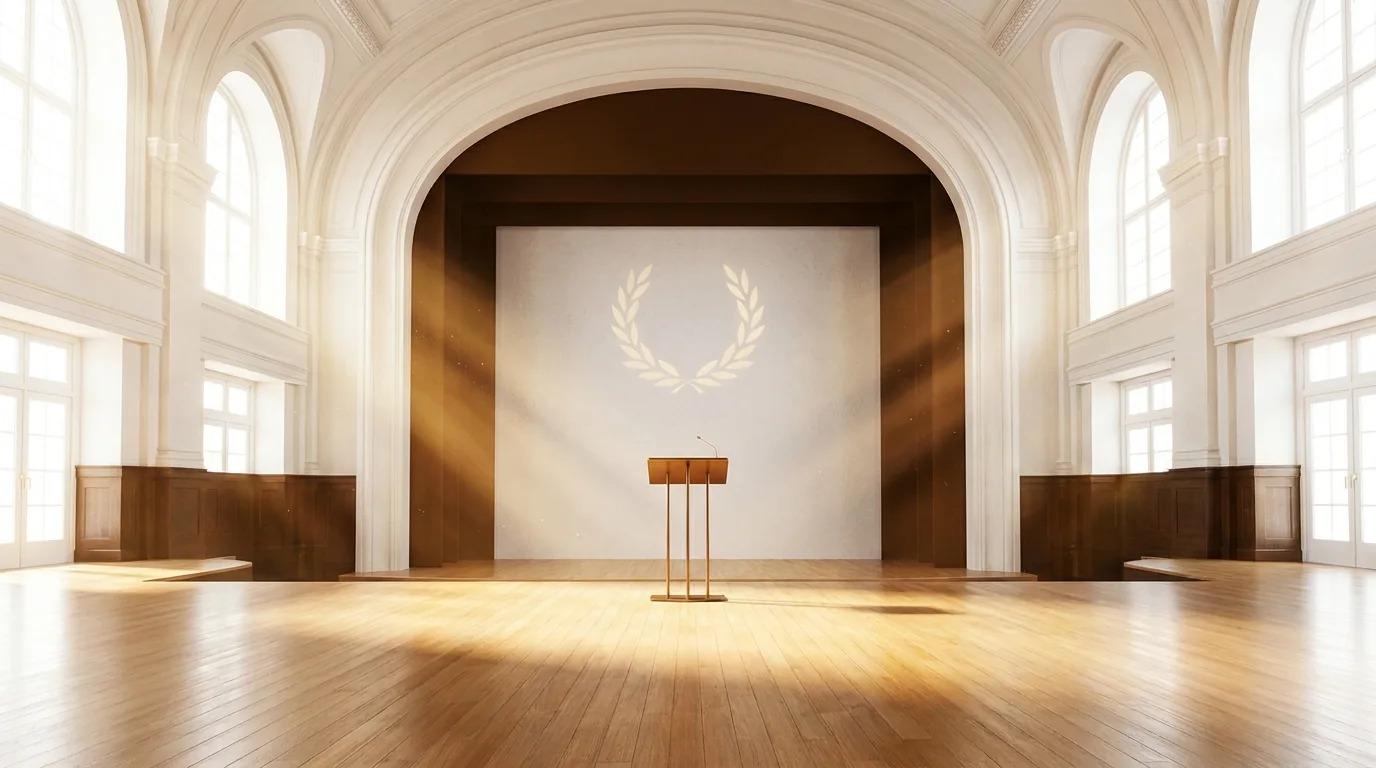 Grand Hall | HE Sector Awards A grand hall features a central podium with a laurel wreath backdrop, showcasing the setting for higher education awards.