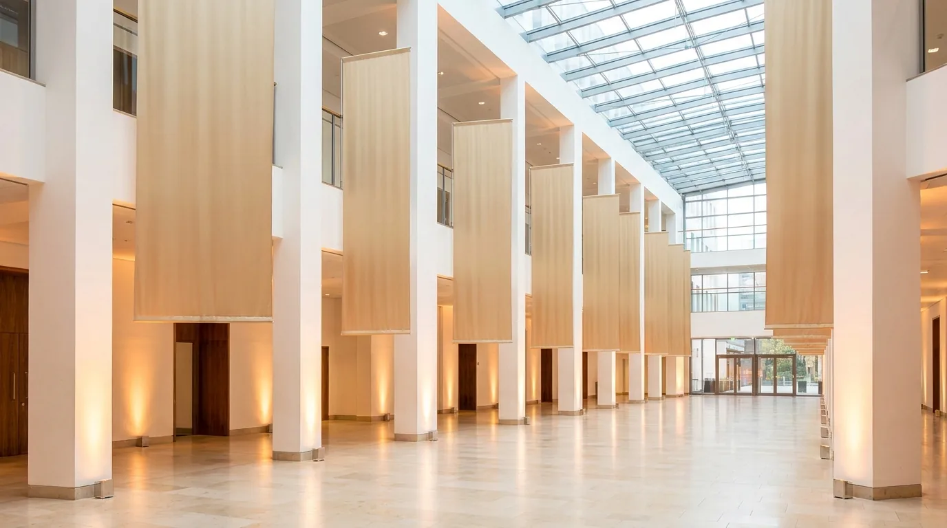 Partner Hall | HE Sector Awards A spacious hall with tall columns and fabric panels provides an elegant setting for the HE Sector Awards.