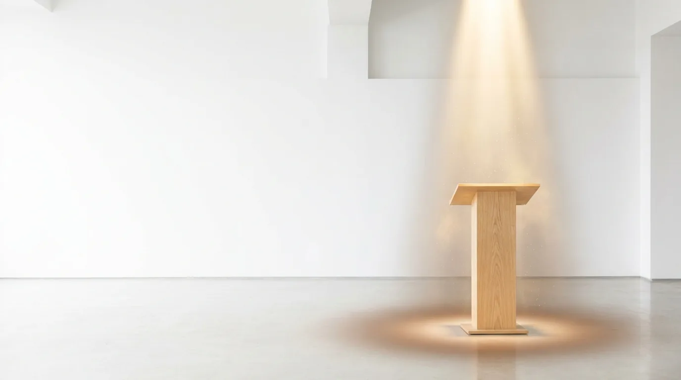 Podium | HE Sector Awards A wooden pedestal is illuminated by a spotlight, representing special recognition programs.